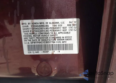 2012 Honda Pilot Lx from USA, damaged, VIN 5FNYF4H21CB057764